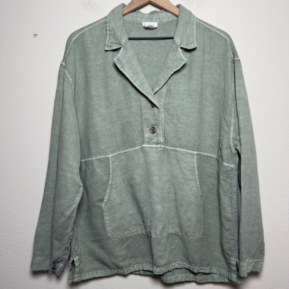 Nicole Miller New York Tops - Nicole Miller Women 100% Linen Sweater Green Henley Lagenlook Coastal Minimalist
